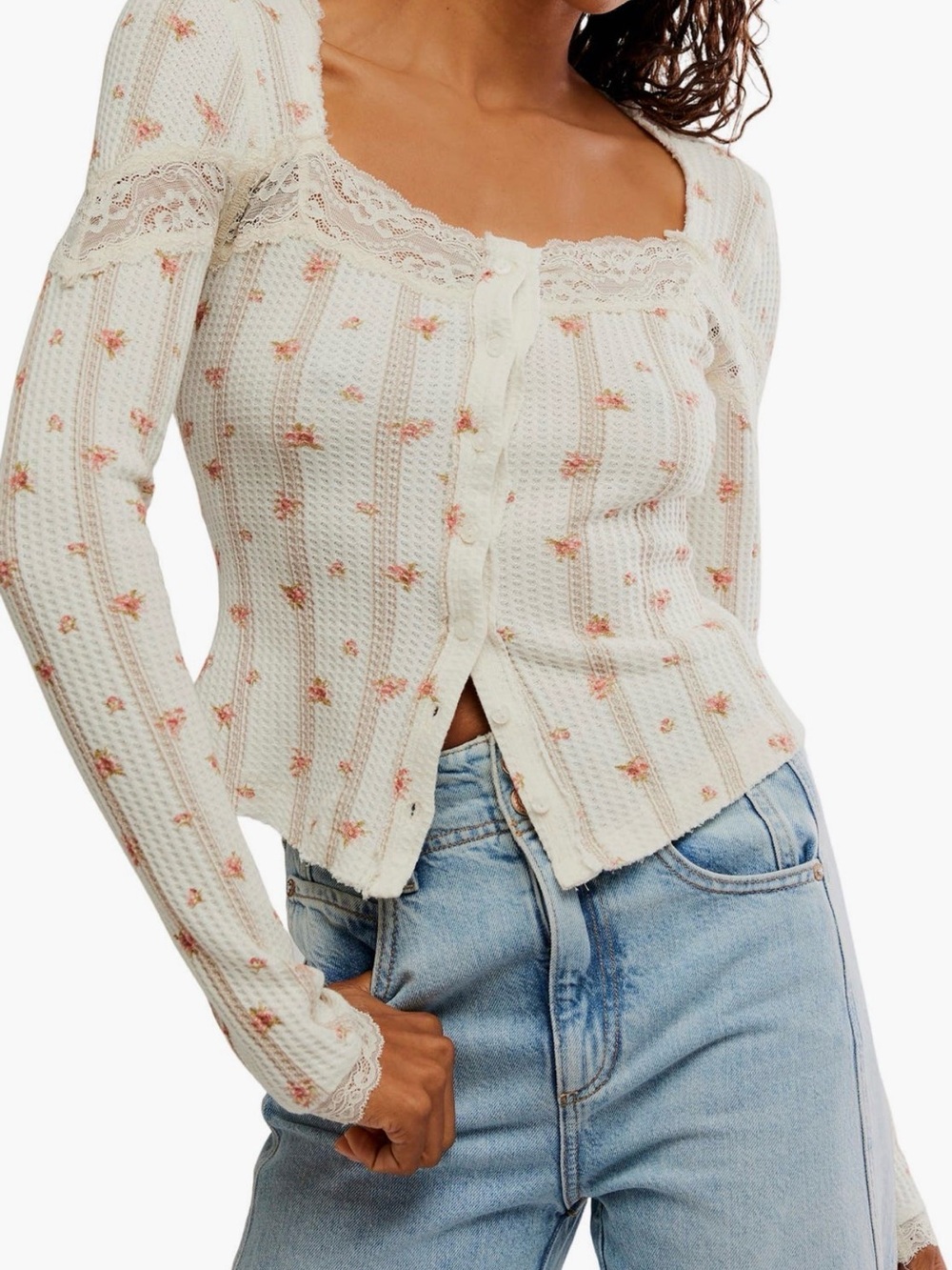 Free People Let's Party Floral Lace Trim
Cotton Waffle Knit Button-Up
